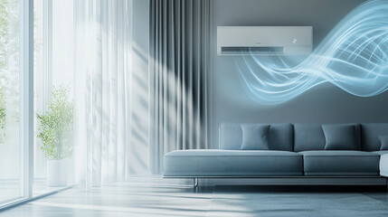 Illustration of a fresh breeze coming out of an air conditioner. Smart home concept.