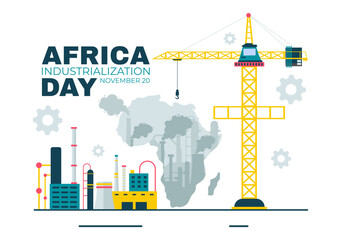 Obraz premium African Industrialization Day Vector Illustration of a Factory Building with Chimneys Operating in the City Center, Set in a Flat Style Background