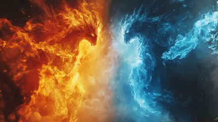 Elemental clash of fire and ice spirits in a fantastical realm showcasing contrasting colors and dynamic energy. Fire and Ice Battle. Illustration