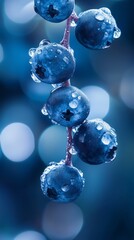 Close-up of fresh blueberries with water droplets, macro photography. Healthy food and freshness concept