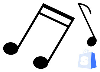 Two large black musical notes with a small light blue bag featuring an S. Ideal for music, retail, apps, e-commerce, branding. Minimalist style