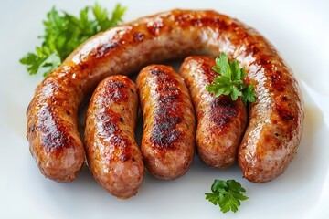 Close-up of Grilled Sausages with Parsley on a White Plate
