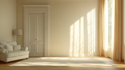 Fototapeta premium Interior scene through open door, cozy living room, neutral furniture, soft lighting, window curtains, spacious empty wall.