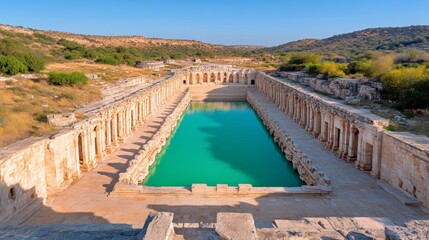 Fototapeta premium Ancient Roman Pool with Columns and Blue Water in Turkey