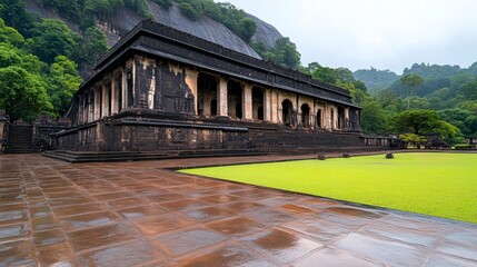 Obraz premium Ancient Sri Lankan Temple Stone Architecture Green Grass Ruins Historic Building