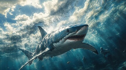 Naklejka premium A great white shark swimming in a vibrant underwater scene.