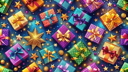 Fototapeta premium A Festive Tapestry of Wrapped Gifts Adorned with Vibrant Bows and Golden Stars Against a Sparkling Night Sky Background