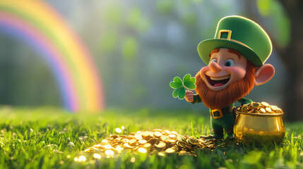 Cheerful leprechaun holding a four leaf clover next to his pot of gold with a rainbow in the background. Leprechaun Treasure. Illustration