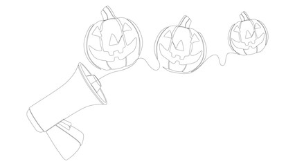 One continuous line of Megaphone with Halloween Jack O' Lantern pumpkin. Thin Line Illustration vector concept. Contour Drawing Creative ideas.