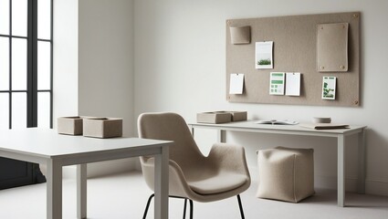 Fototapeta premium This is an image of an office space. The office has a white desk and a chair. There are two boxes on the desk. The wall behind the desk has a bulletin board with notes. There is a pillow on the floor.