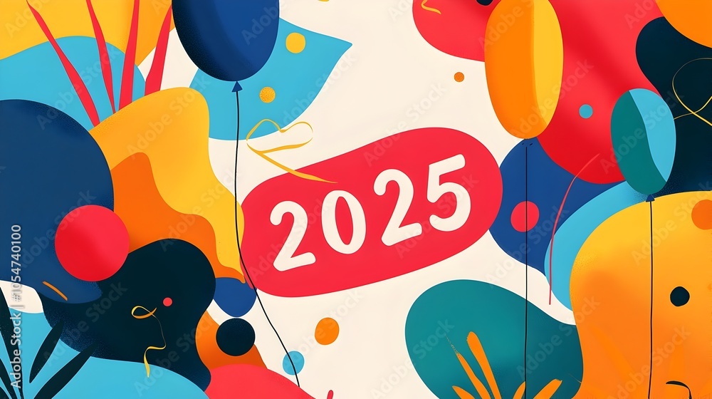 Poster Elegant and creative New Year 2025 composition featuring a curvy modern font paired with subtle line art of balloons and streamers providing a clear