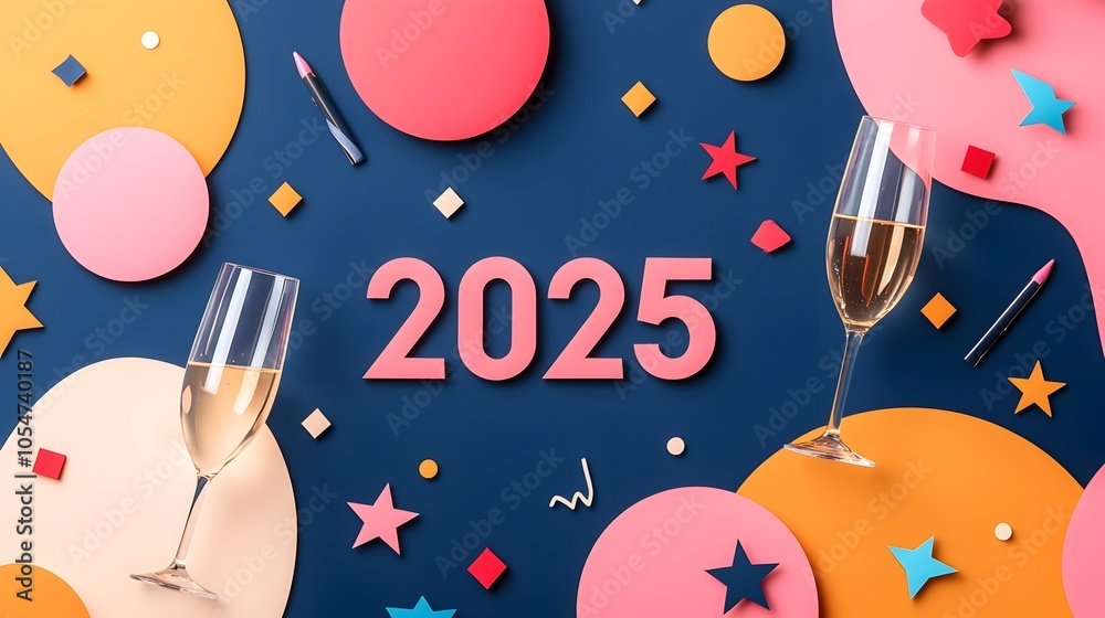 Aufkleber elegant and minimalist 2025 design featuring a geometric font composition accented by champagne glas
