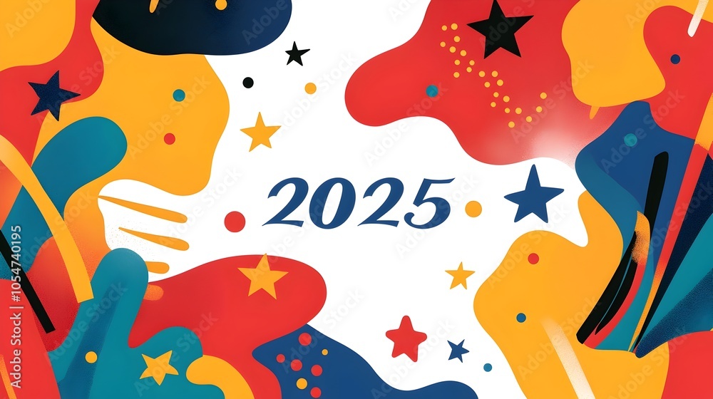Poster minimalist modern design with a stylized geometric 2025 accented by minimalist line art of champagne
