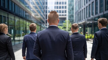 Group of professionals walking together in a modern urban environment.