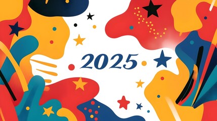 Fototapeta premium Minimalist modern design with a stylized geometric 2025 accented by minimalist line art of champagne glasses and sparkling stars creating a clean