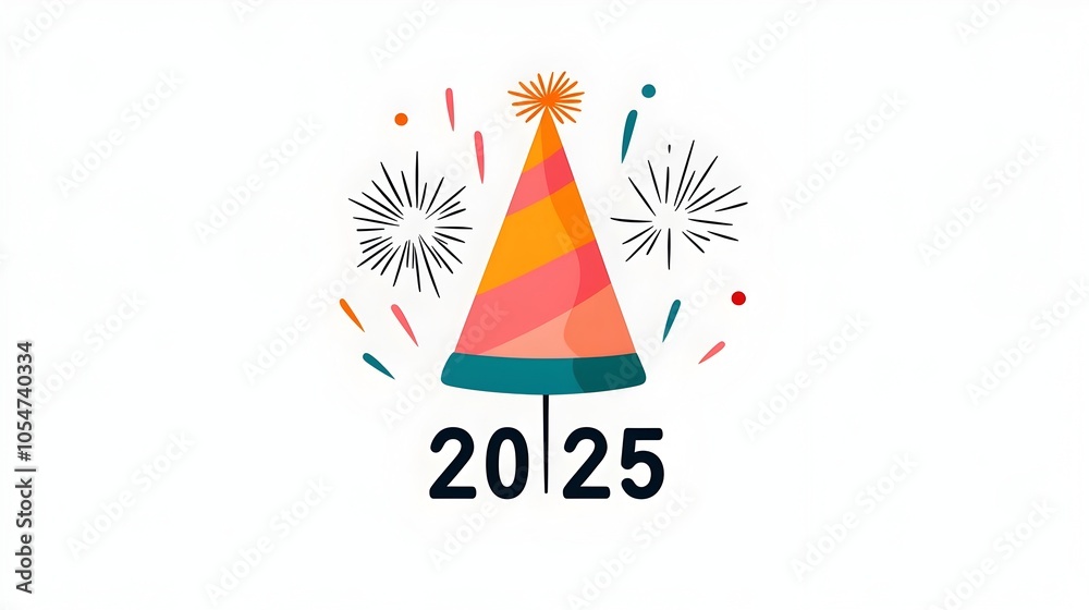 Poster sleek modern and edgy 2025 typography design with simple line art fireworks and party hats offering 