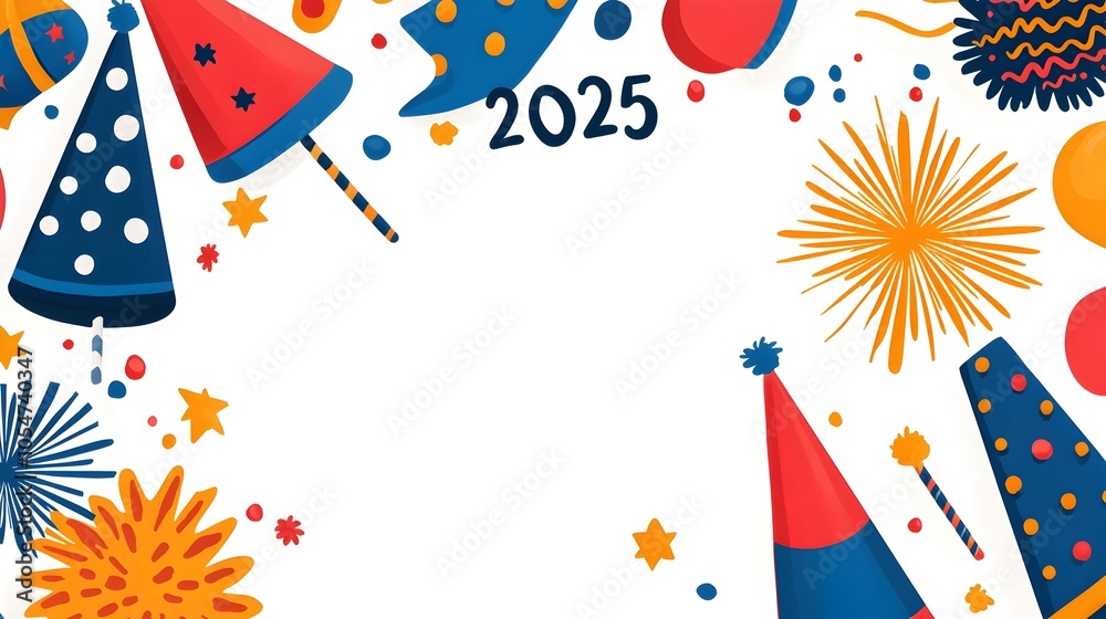 Aufkleber Sleek and modern 2025 typographic design with simple line art elements of bursting fireworks and party hats offering ample blank space for promotional content or branding