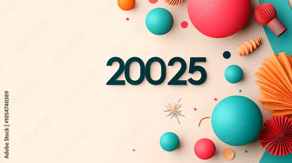 Aufkleber Futuristic 2025 in Minimal Fireworks and Party Balloons Background for Holiday Modern Flat Lay Style Design with Open Space for Marketing Text or Copy