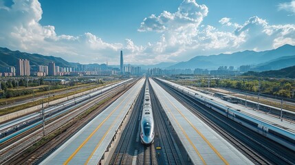 Fototapeta premium Overlooking China's modern high-speed railway station from the sky, the neatly arranged high-speed trains on the platform appear magnificent and spectacular under the blue sky and white clouds