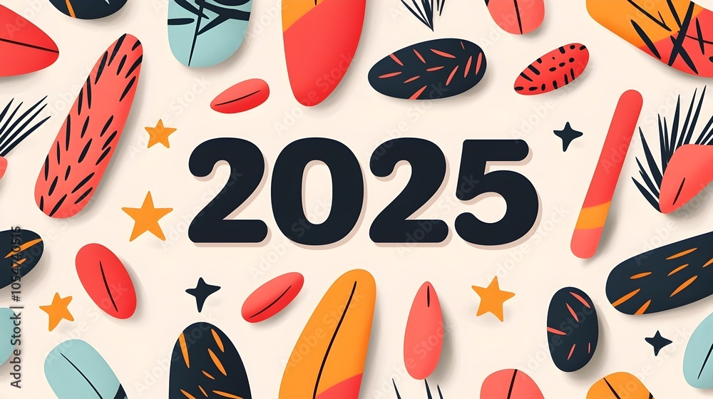 Poster bold and modern 2025 typography design accented by line art of stars and a celebratory banner featur