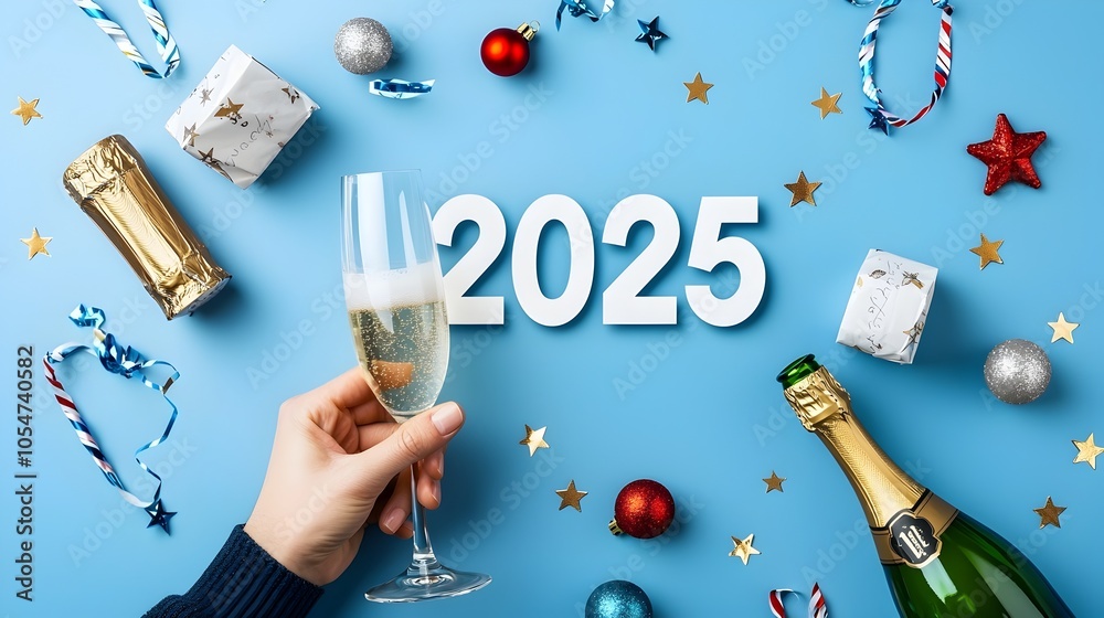 Poster sleek and modern digital featuring a geometric font design for 2025 surrounded by line art of champa