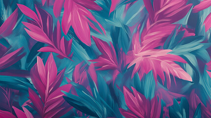 Layered tropical leaves in vibrant hot pink and turquoise, creating a dense, colorful jungle texture. v3