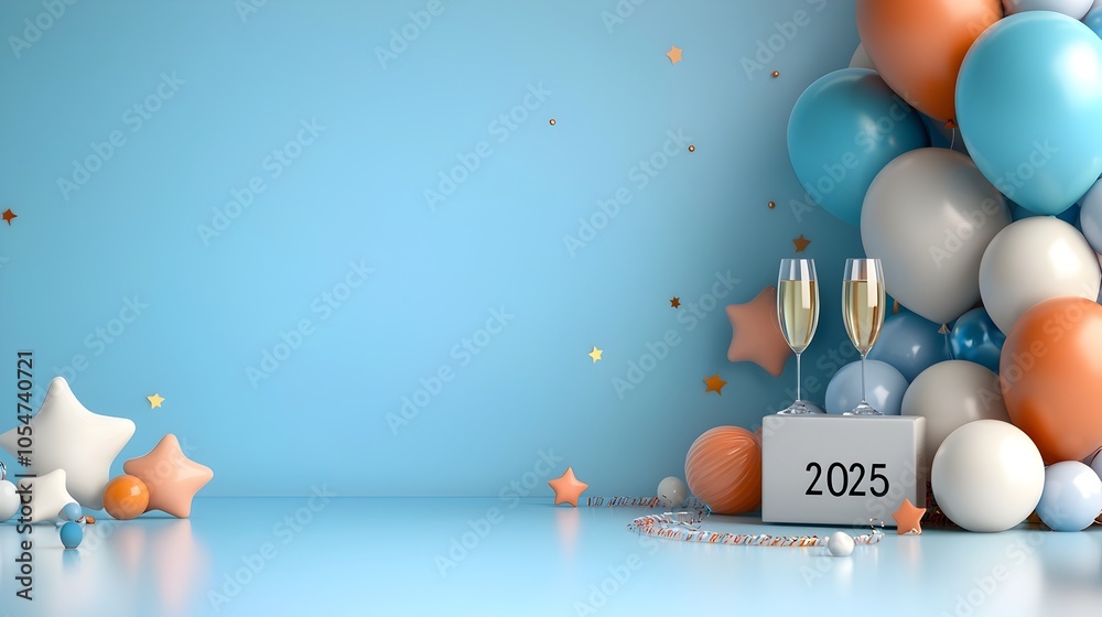 Poster Festive modern scene with a geometric font displaying  2025  decorated with minimalist line art of champagne glasses stars balloons and streamers leaving ample ad space for design or marketing