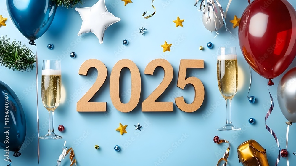 Poster minimalist and modern scene featuring a geometric 2025 in a sleek font decorated with simple line ar