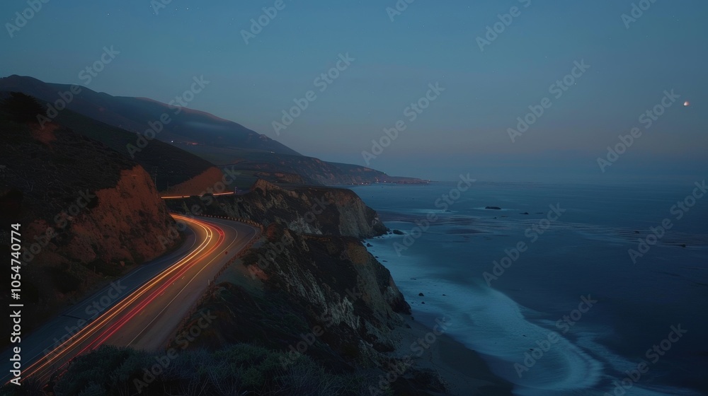 Wall mural with the moon illuminating the scene car light trails blend in with the faint glow of the ocean agai