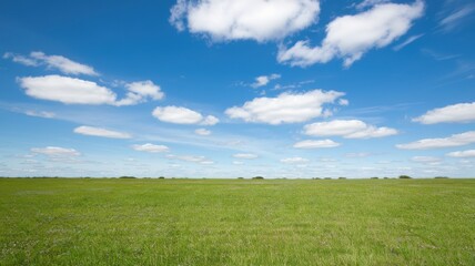 Lush green field under a bright blue sky with fluffy white clouds.