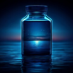 A glass jar containing a serene ocean scene under a starry sky.