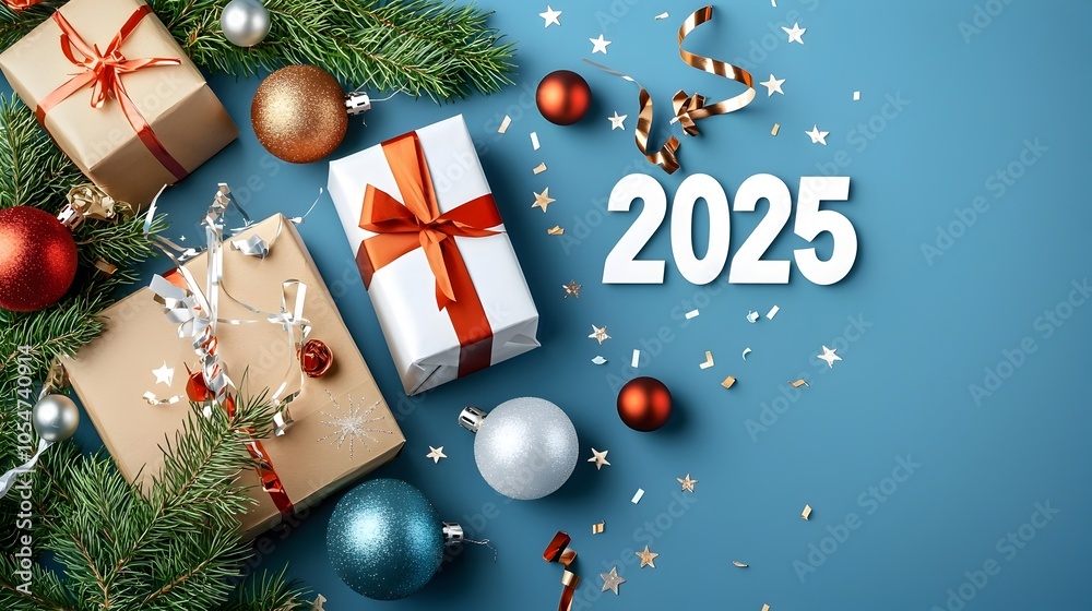 Poster elegant and modern 2025 design with a clean geometric font enhanced by minimal line art of stars cha