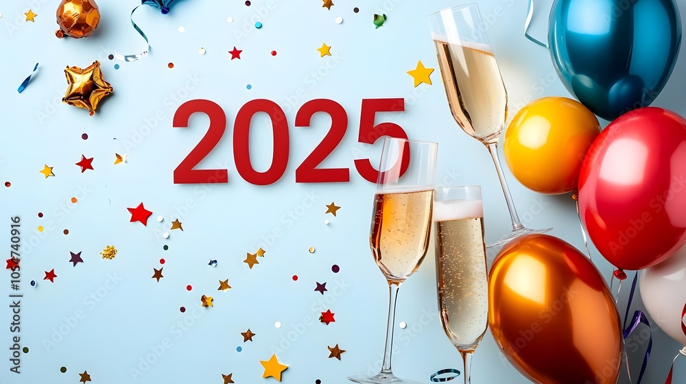 Aufkleber elegant and minimalistic 2025 design featuring a geometric font with line art of champagne glasses a