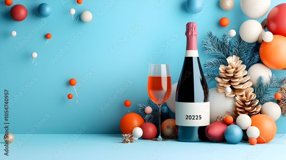 Poster Bold 2025 text in a geometric font design surrounded by minimalist line art of festive balloons streamers and champagne glasses creating a modern abstract