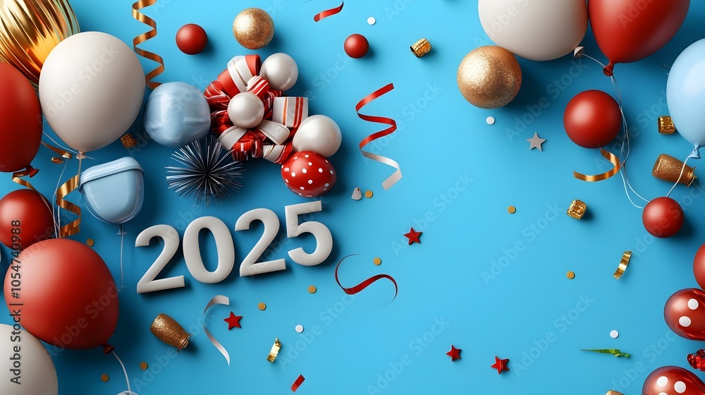 Poster bold 2025 in a geometric font surrounded by minimalist line art of festive balloons streamers and ch