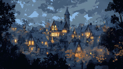 Obraz premium Creepy and spooky fantasy village, concept art, generative ai. Fantasy Village. Illustration