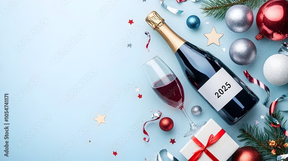 Aufkleber Stylized and minimalist geometric featuring the year 2025 in a sharp modern font with line art of champagne glasses stars and streamers