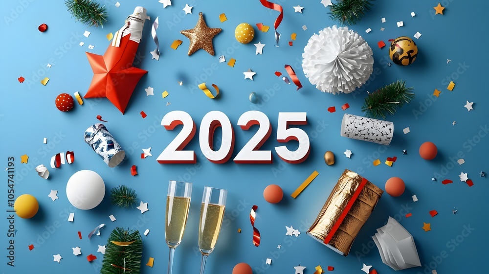 Poster minimalist and modern of the year 2025 in a sharp geometric font with elegant line art of champagne 
