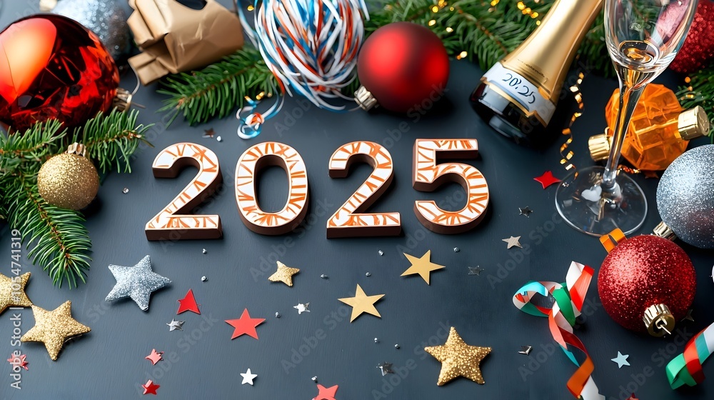 Poster glamorous modern 2025 new year design with geometric elements featuring line art of festive streamer