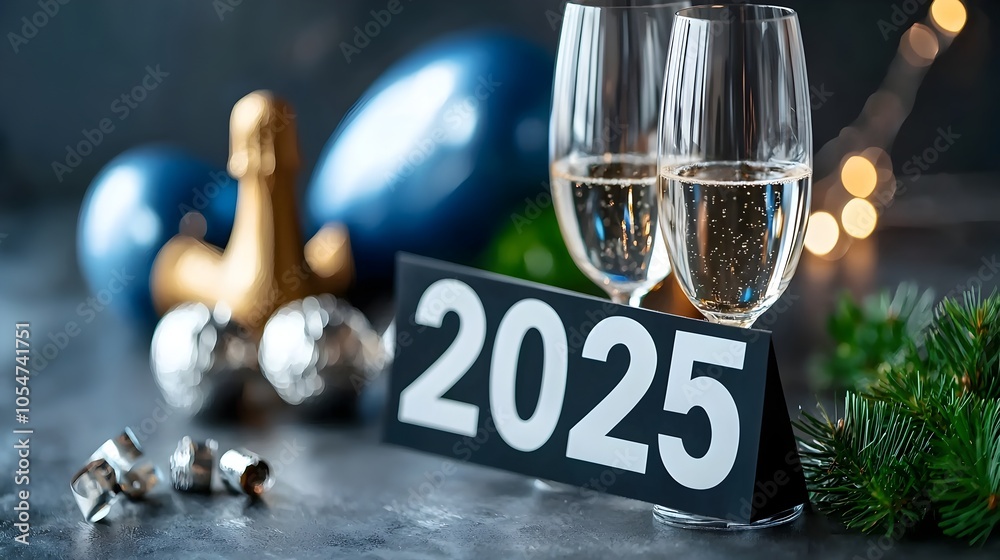 Leinwandbilder Minimalist and modern design featuring the number  2025  in a geometric font complemented by line art elements such as stars champagne glasses and balloons