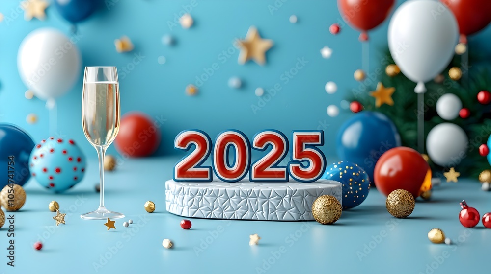 Poster stylish and minimalist 2025 design in geometric font complemented by line art of stars champagne gla