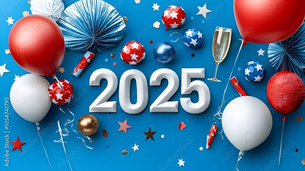 Aufkleber Sophisticated geometric design featuring the number 2025 in a modern font complemented by line art elements including stars champagne glasses and balloons