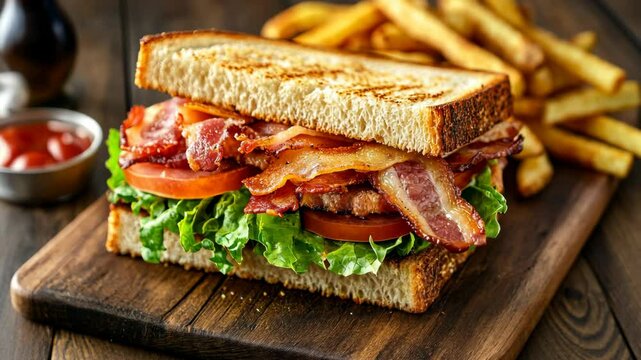 A classic BLT sandwich with crispy bacon, fresh lettuce, and tomato, served with a side of french fries