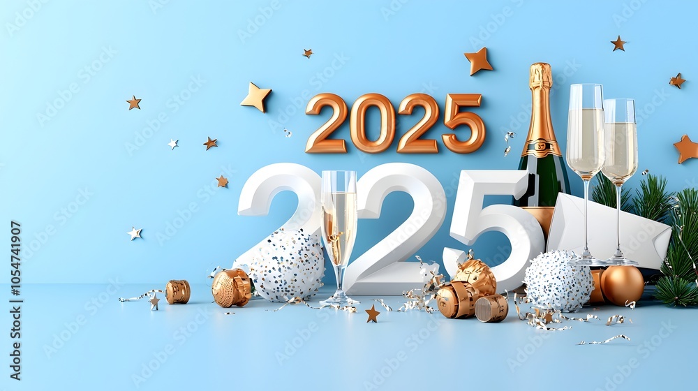 Aufkleber futuristic and geometric 2025 design with line art of champagne glasses stars and streamers offering