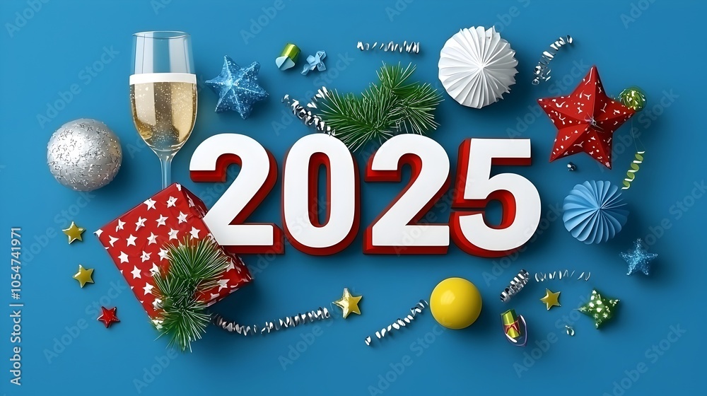 Poster futuristic and geometric design featuring the year 2025 in a stylized font accompanied by line art e