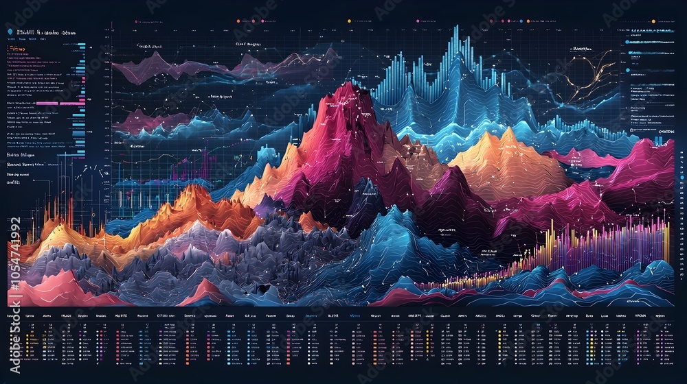 Fototapete Detailed and vibrant data analysis visualization showcased through the overlay of multi line charts and bold bar charts