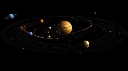 Obraz premium Detailed map of our solar system with planets in alignment. Solar System Map. Illustration