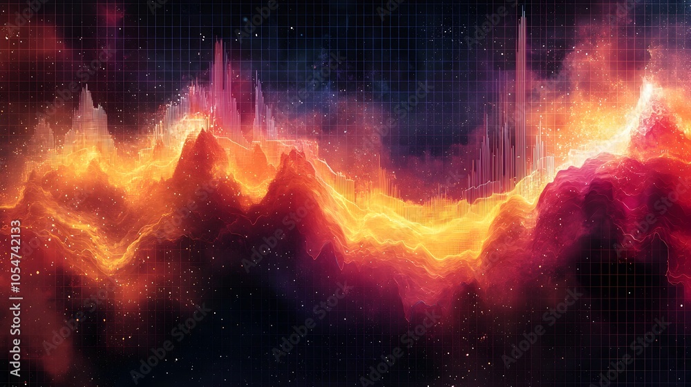 Aufkleber Visually striking graph featuring interlaced dynamic line charts and bar charts set against a geometric grid background illustrating complex data analysis and evolving trends in a modern