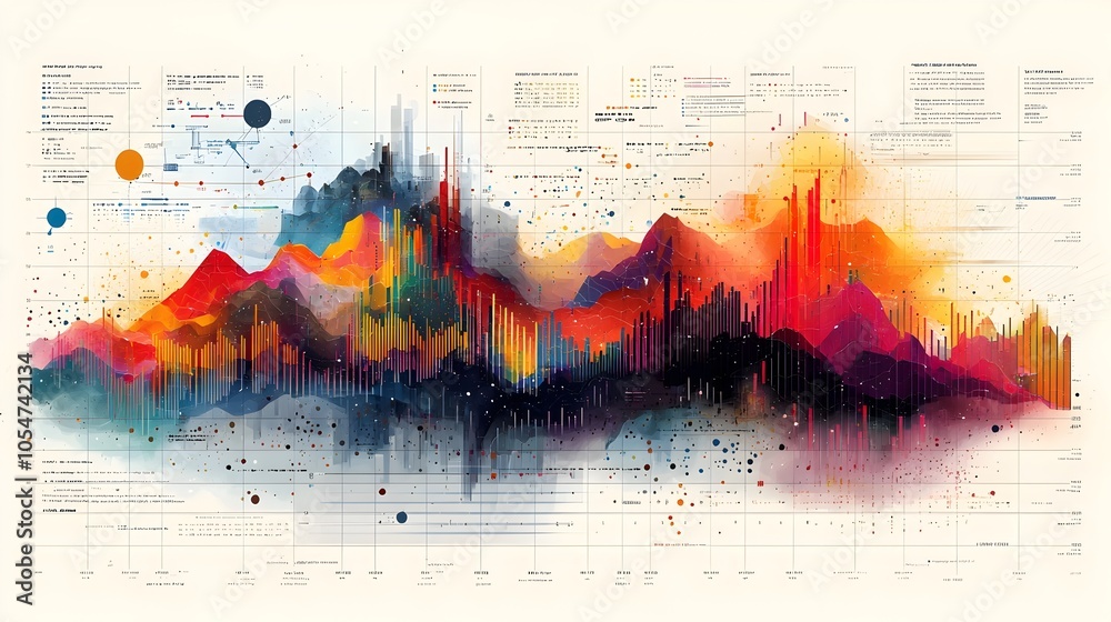 Poster Detailed and Colorful Data Visualization with Intersecting Line Charts and Bar Charts on a Grid Backdrop Showcasing Intricate Data Analysis and Insightful Trends