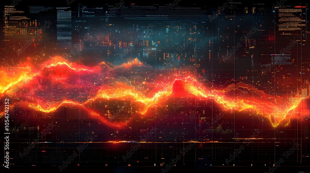 Poster Detailed data graph featuring a complex design with colorful intersecting line charts and a bar chart set against a grid backdrop to highlight intricate data analysis and valuable insights